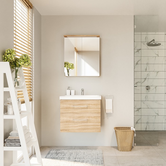 Riva vonios kambario baldai, pakabinama, spintelė su praustuvu, vonios spintele, SA63-2, su praustuvu Riva63C